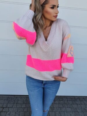 Pocket Sweater Beige with Pink Stripes